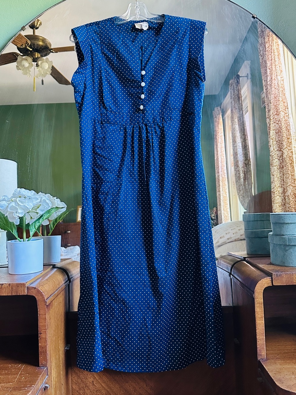 Vintage-Navy Blue Polka Dot  Dress might be maternity